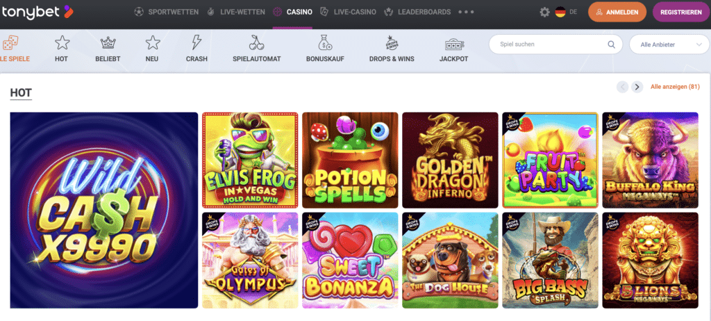 Tonybet Casino Spielangebote
