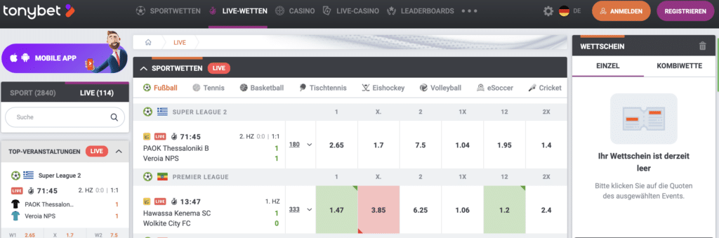 Tonybet Sportwetten Schweiz