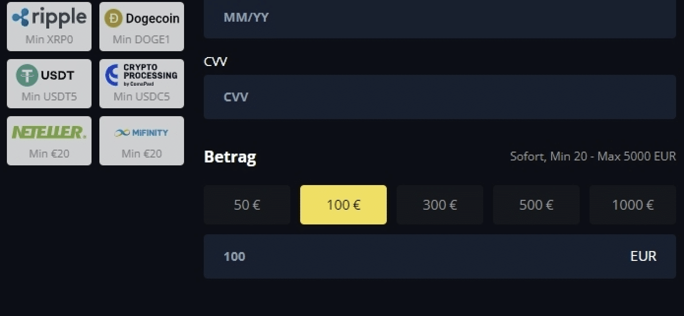 Auswahl des Einzahlungsbetrags